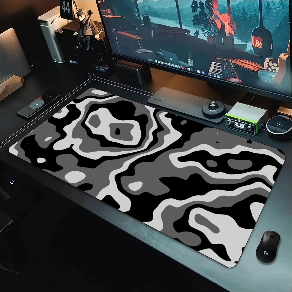 Desk Setup Grey - デスクマット グレー ホワイト 地形学模様 スワールプリント ステッチエッジ