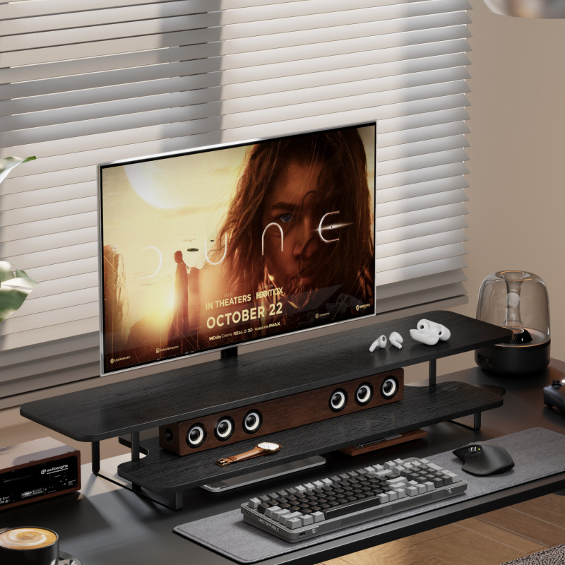 Desk Setup Monitor And Laptop - ウォールナット仕上げモニタースタンドライザー無垢材デスクトップオーガナイザーコンピューターセットアップ用人間工学に基づいたオフィスデスクベースホームラップトップホルダー