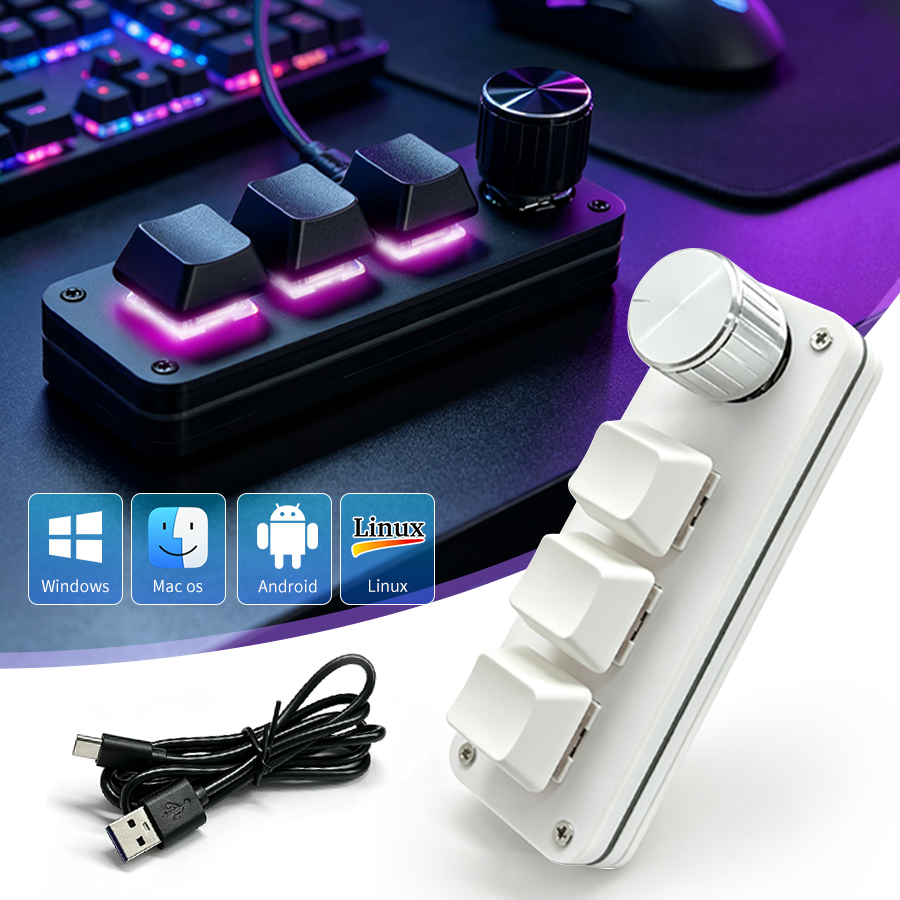 Desk Setup Programmer - 3キー プログラム可能なマクロキーパッド ミニメカニカルキーボード ノブ付き RGB プレイ