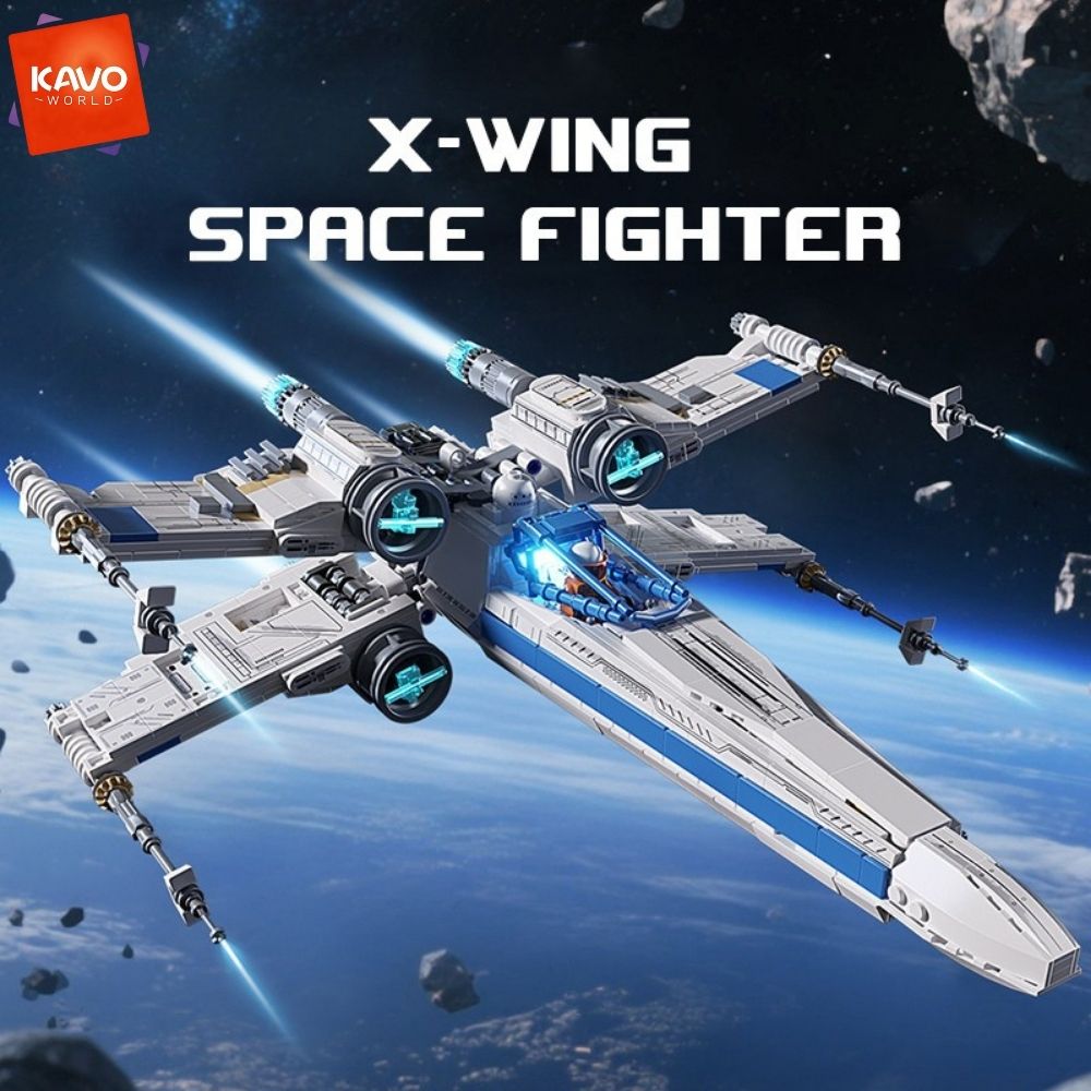 Desk Setup Grey - KAVOWORLD 1271ピース SF宇宙戦闘機組み立てブロックセット ミニパイロットフィギュア付き ブルーライトアップコックピット Xウィングスターファイター組み立てブロックモデルキット