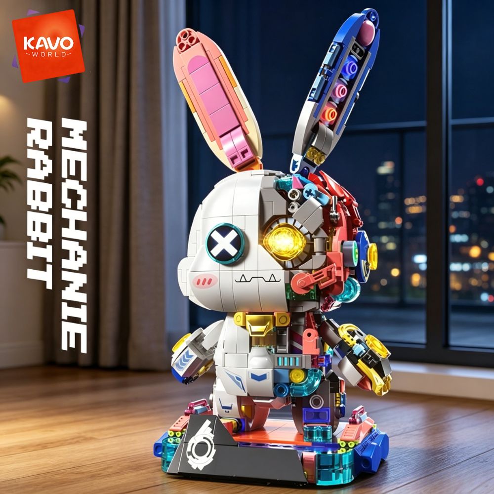 Desk Setup Builder - KAVOWORLD 1377ピース ロボットウサギ 組み立てブロックセット LEDライトアップ 多点回転式