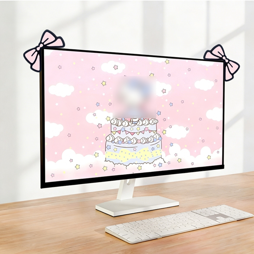 Desk Setup Monitor And Laptop - かわいいピンクのリボンモニターデコレーション、可愛いスクリーントップオーナメント、ゲーミングセットアップ用の美的デスクアクセサリー、スイートガールのラップトップデコレーション
