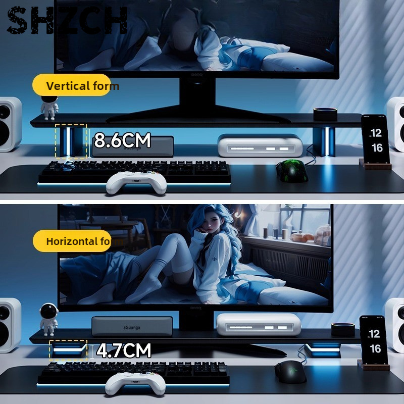 Desk Setup Monitor And Laptop - RGB モニタースタンド人間工学に基づいたコンピュータースクリーンエレベーター、ゲームセットアップ用、調節可能なデスクトップオーガナイザー、耐久性のあるオフィスデスクアクセサリー