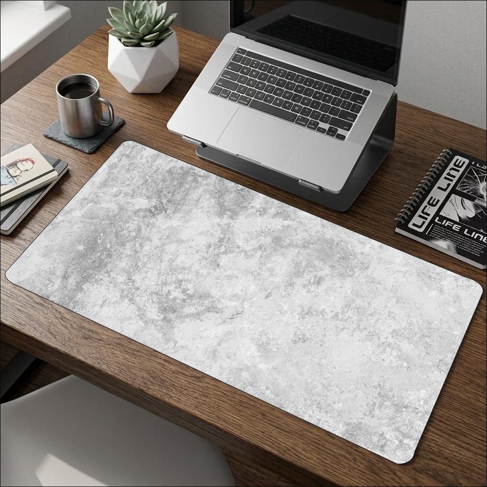 Desk Setup Grey - ミニマリストなグレーの大理石模様の大型拡張マウスパッド、滑り止めゴム付き、縁縫い加工済み、ゲームやオフィスデスクのセットアップに最適