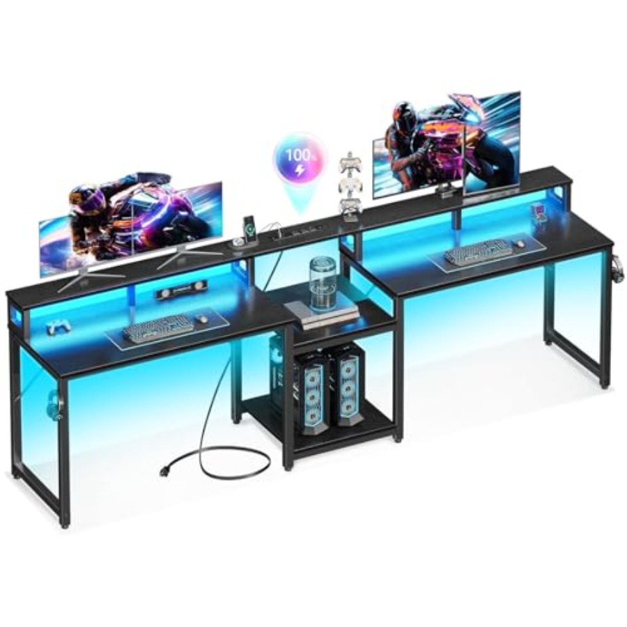 2人用ゲーミングデスク、長さ98インチ、LEDライト付き、人 - Desk Setup Dual Monitor のレビューと価格