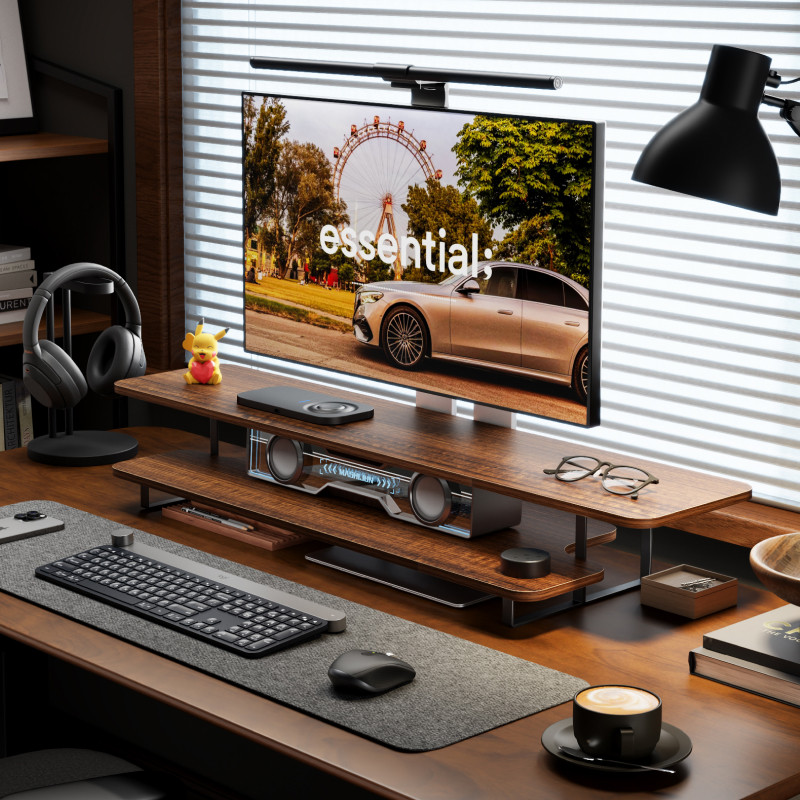 ウォールナット仕上げモニタースタンドライザー無垢材デスクトッ - Desk Setup Monitor And Laptop のレビューと価格