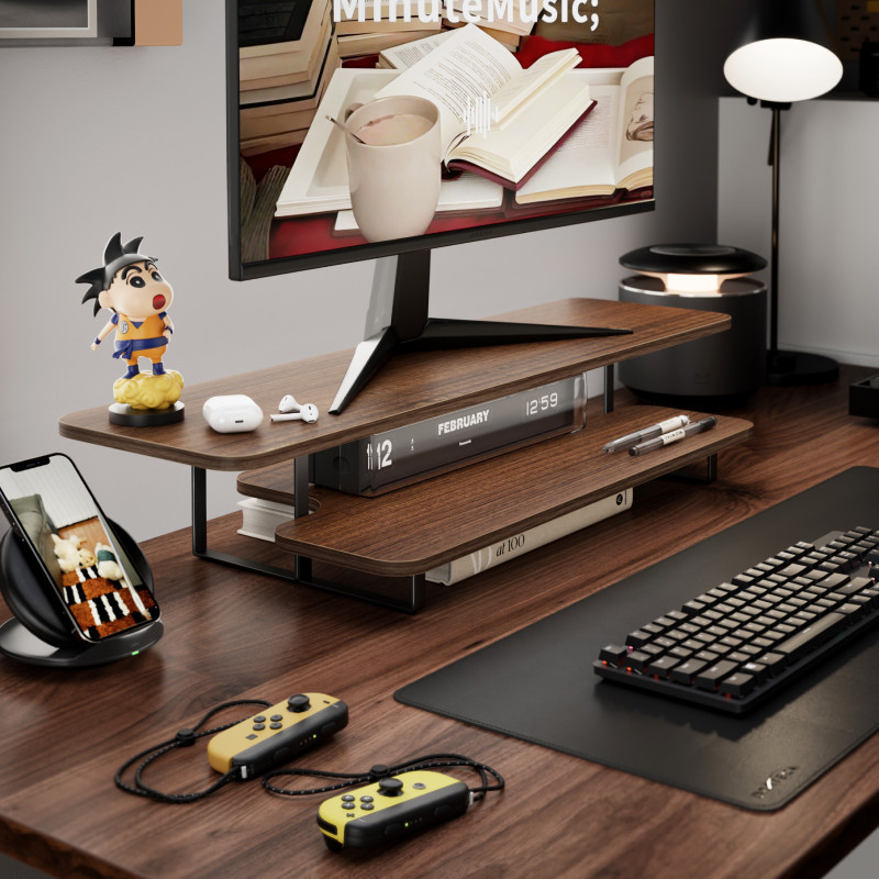 ウォールナット仕上げモニタースタンドライザー無垢材デスクトッ - Desk Setup Monitor And Laptop のレビューと価格