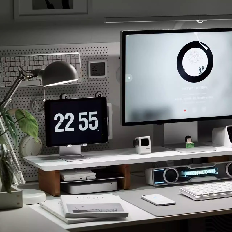 モダンなモニターライザースタンド人間工学に基づいたデスクシェ - Desk Setup Monitor And Laptop のレビューと価格